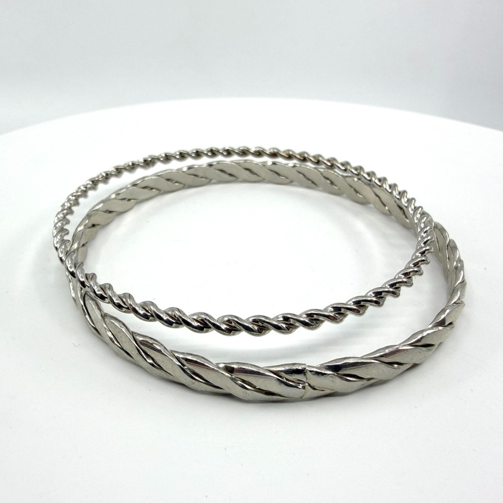 Silver Tone Twisted Bangle Bracelet Set - Stackable Minimalist Jewelry